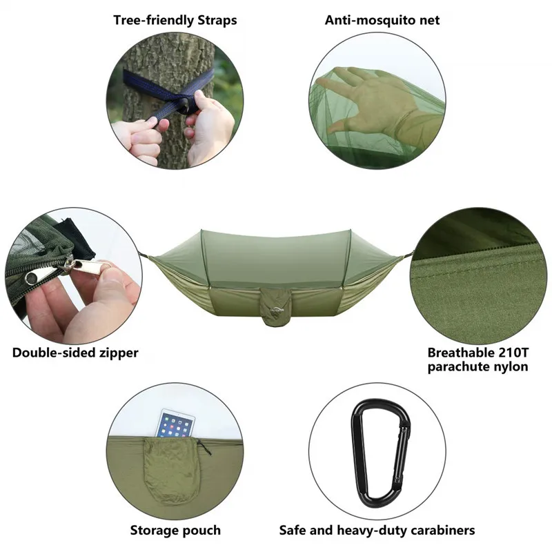 

2021 Upgrade Pop-Up Light Portable Camping Hammock with Mosquito Net Outdoor Parachute Hammocks Swing Sleeping Hammock