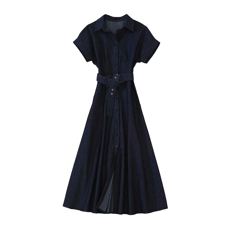 

Summer New Stripe Short Sleeve Single Breasted Pocket Slim Slim Elegant Temperament Casual Long Dress Women'S Wear High Quality