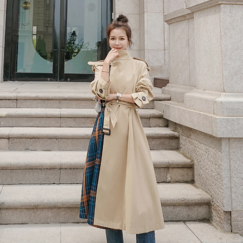 

Windbreaker female Contrast color stitching Korean temperament 2021 New Spring Autumn Loose Casual Long Trench Women coat A45
