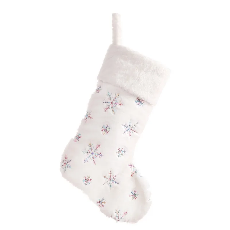Белые Плюшевые рождественские чулки с вышивкой в виде снежинок; яркие носки; Подарочная сумка с подвесными петлями; украшения для камина в виде елки