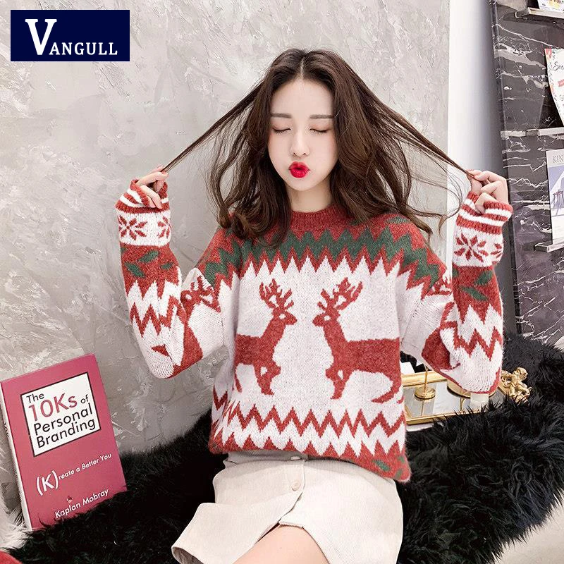 Vangull Christmas Knitted Sweaters Classic Deer Printed Xmas O-neck Pullover Women Loose Casual Tops Lady Winter Warm Streetwear | Женская