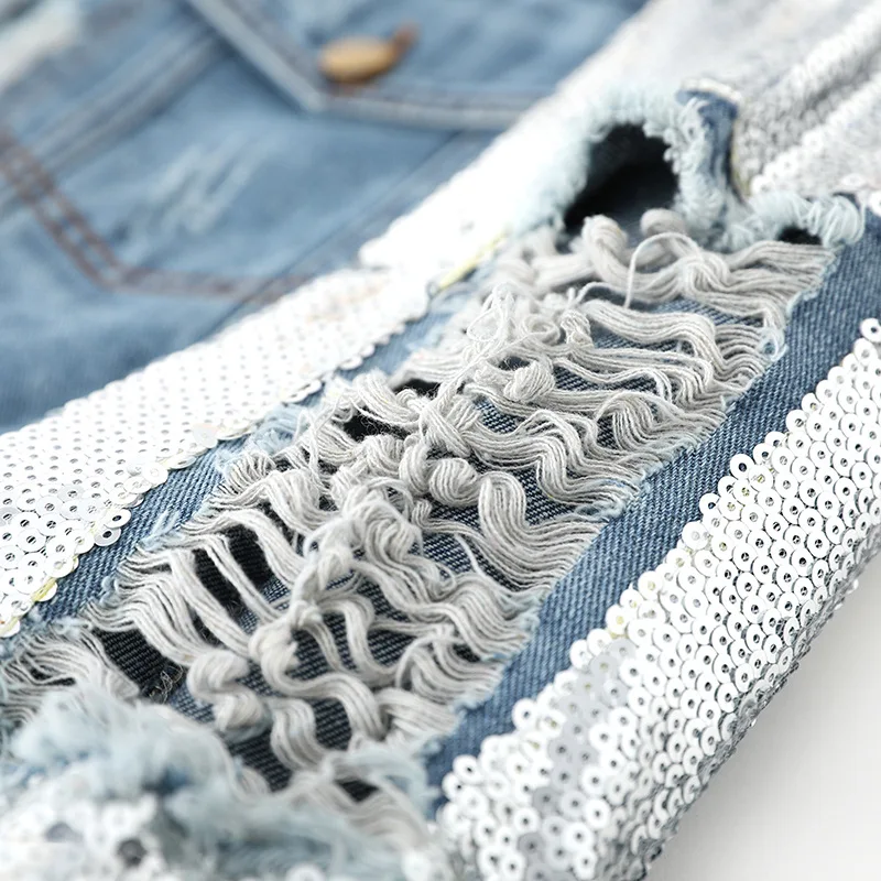 

Classic Blue Women Denim Jackets Sequined Ripped Holes Female Jean Coat 2020 New Spring Autumn Casual Loose Jacket Outwear