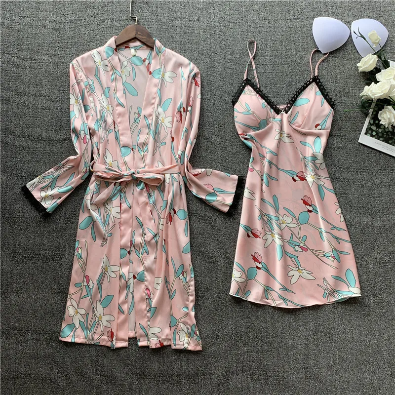 Весенняя Новинка женский халат с принтом Имитация натурального шелка одежда для