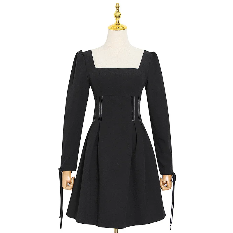 

New fashion French retro square collar high waist back small machine bow strap dress women