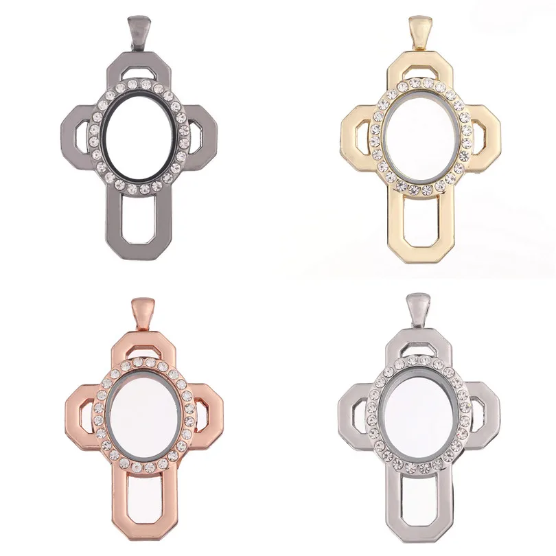 

10pcs Alloy Cross oval with Rhinestone Floating Locket Magnetic Memory Living Glass Locket Pendant Locket For jewelry making