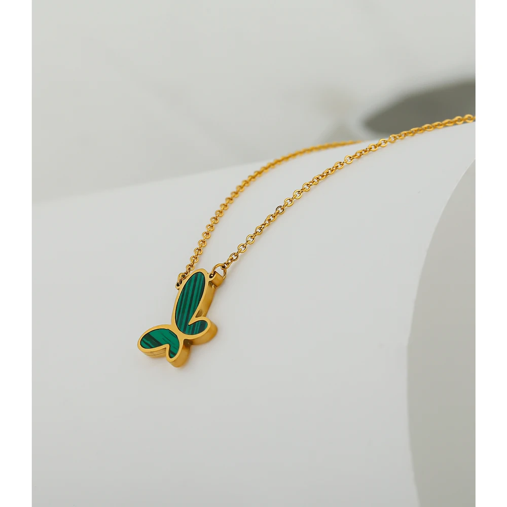 YHpup Green Butterfly Stainless Steel Pendant Necklace Gold Fashion 316 for Women Malachite Stone Charm Collar Jewelry | Украшения и