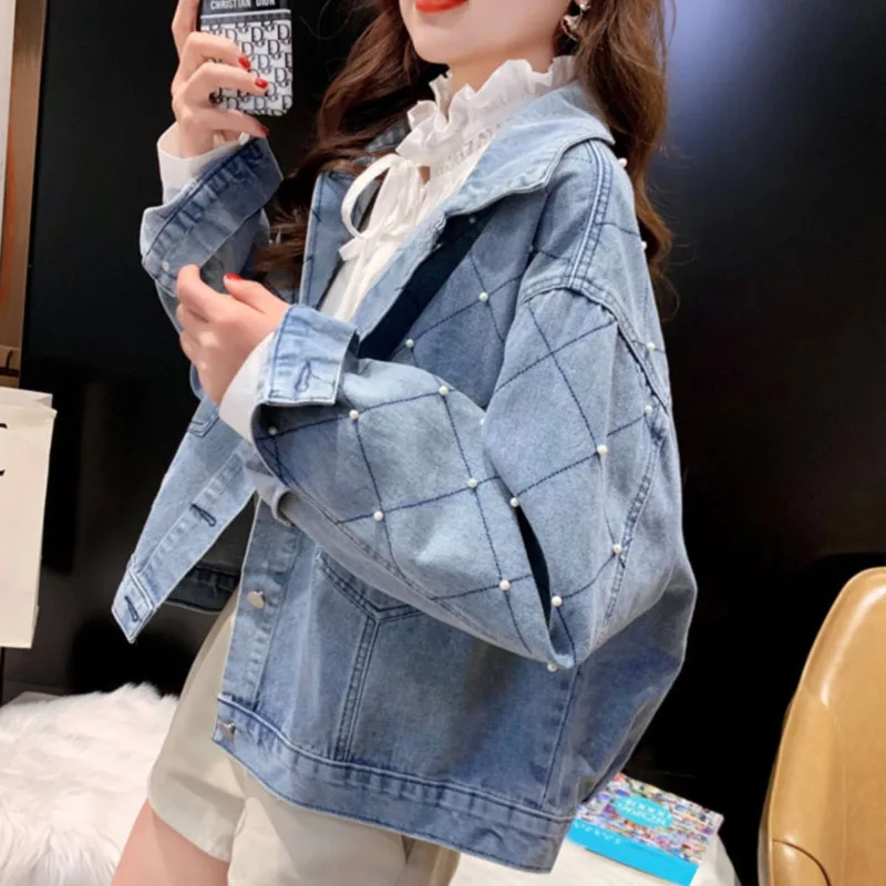 

Spring Autumn Cowboy Coat Women's Short 2021 New Korean Loose Denim Jackets Fashion Pearls Cowboy Casual Jean Jacket Veste Femme