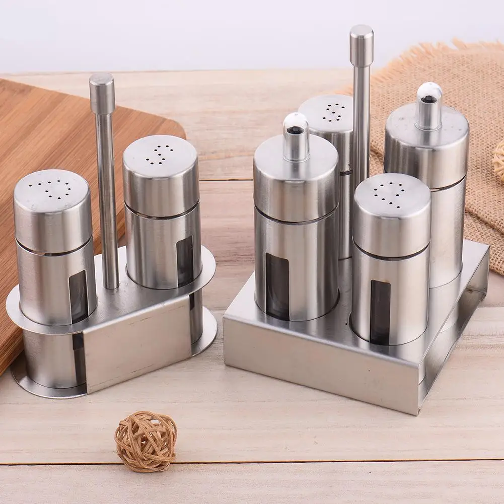 

Stainless Steel Castor Salt Pepper Shaker Set Odor-Free Spice With Stand Condiment Box Cooking Multi-purpose Seasoning Bottles