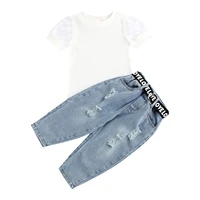 kids baby girls patchwork pit bar tops t shirts denim hole pants jeans letter belt toddler children clothes sets 3pcs 1 6y