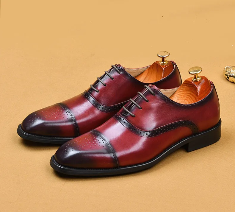 Мужские деловые туфли из натуральной кожи винно-красные | Обувь