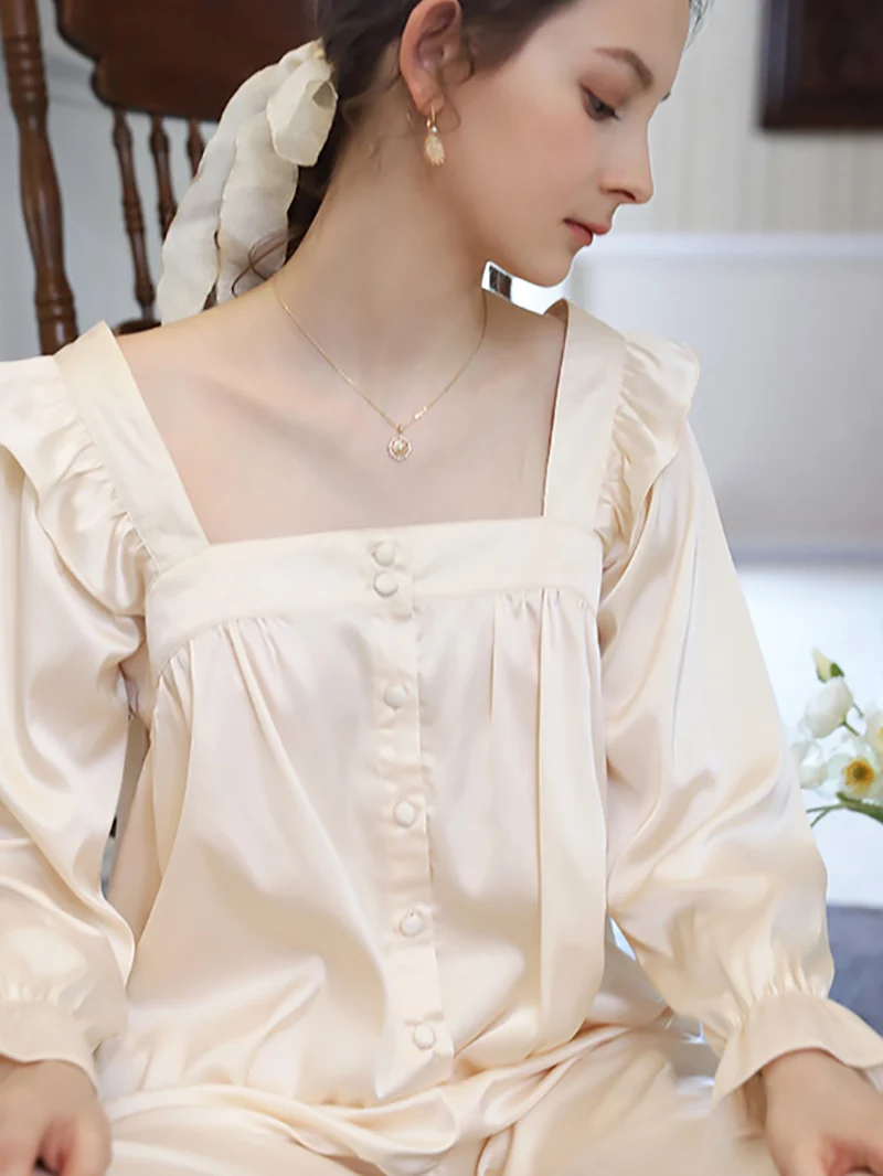 

French Vintage Square Collar Backless Long Sleeve Silk Pajamas Lounge Sets for Women's Ladies Retro Loungewear Top Bottom