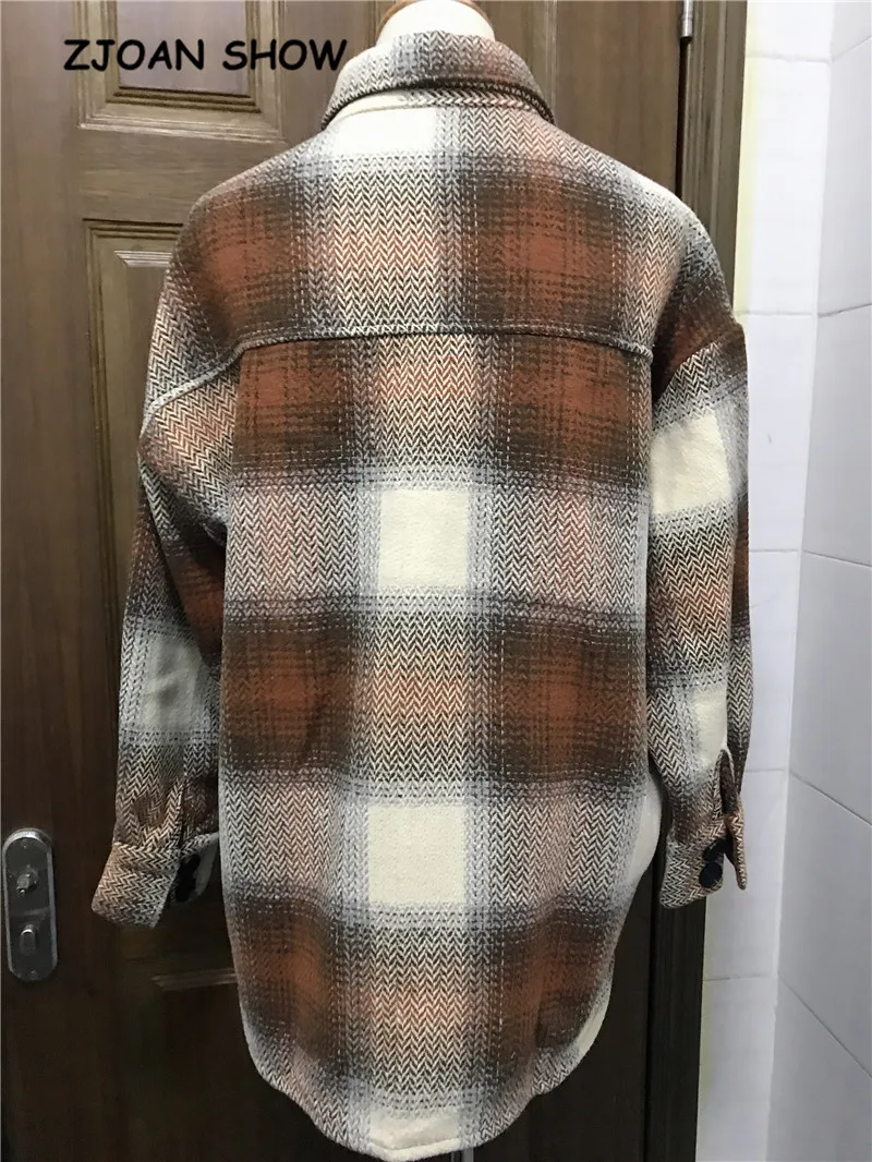 Женская рубашка в клетку кофейного цвета Мягкая шерстяная блузка с отложным