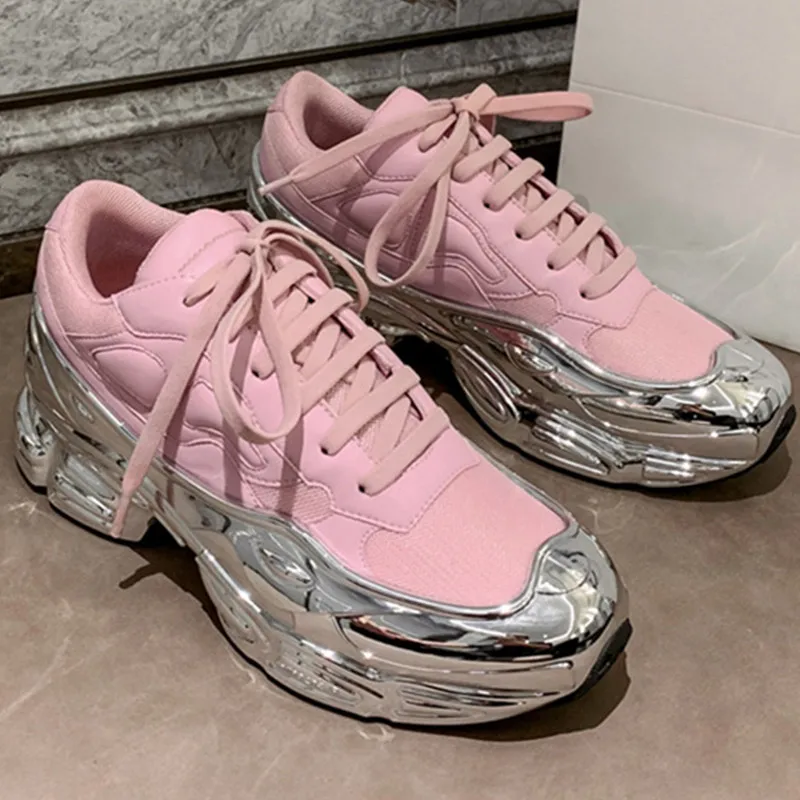 

Silver Plating Woman Shoes Lace Up Zapatos De Mujer Solid Sneakers Women Thick Bottom Daddy Shoes Casual Fashion Shoes 2021 Hot