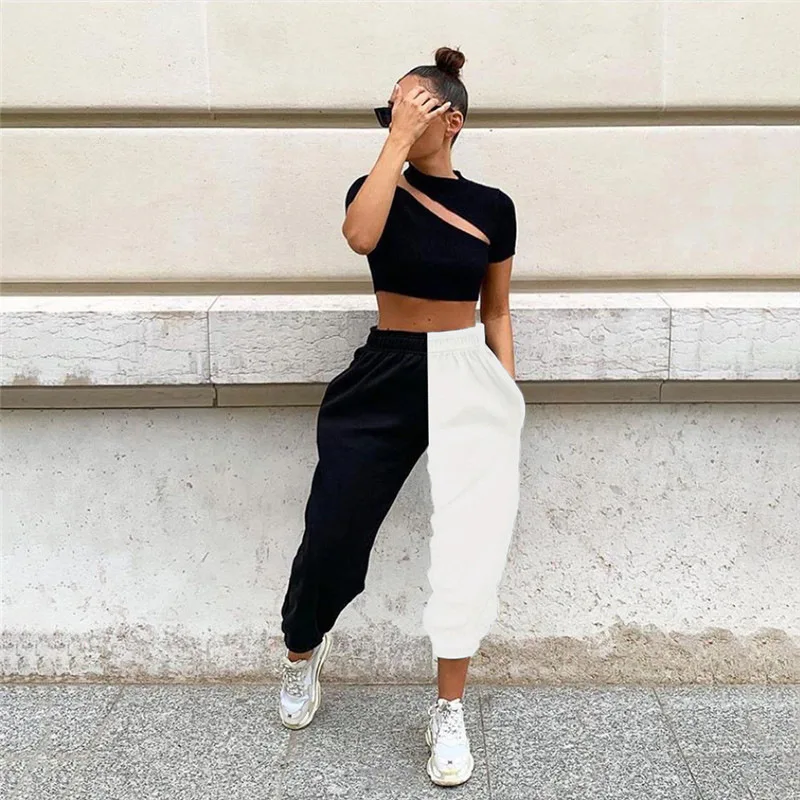 Casual Sporty Women Sweatpants Autumn Fashion 2019 Patchwork Trousers Winter Workout High Waist Color Blocking Long Pants Slim | Женская