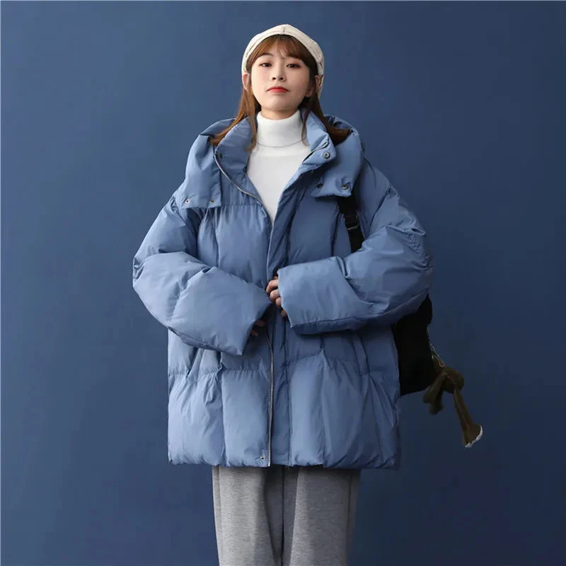

2021 Winter Solid Basic Zipper Hooded Oversized Coat Women New All-match Loose Warm Cotton-padded Preppy Style Black Blue Parkas