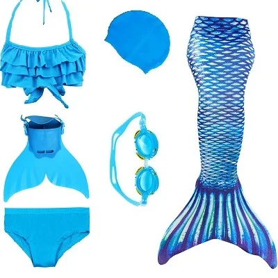 Blue 38 set 1 Детский купальник с хвостом Русалочки, бикини для девочек, хвост русалки с плавником, монофонический купальник, детское платье русалки, одежда для купания - Цвет: Blue 38 set 1