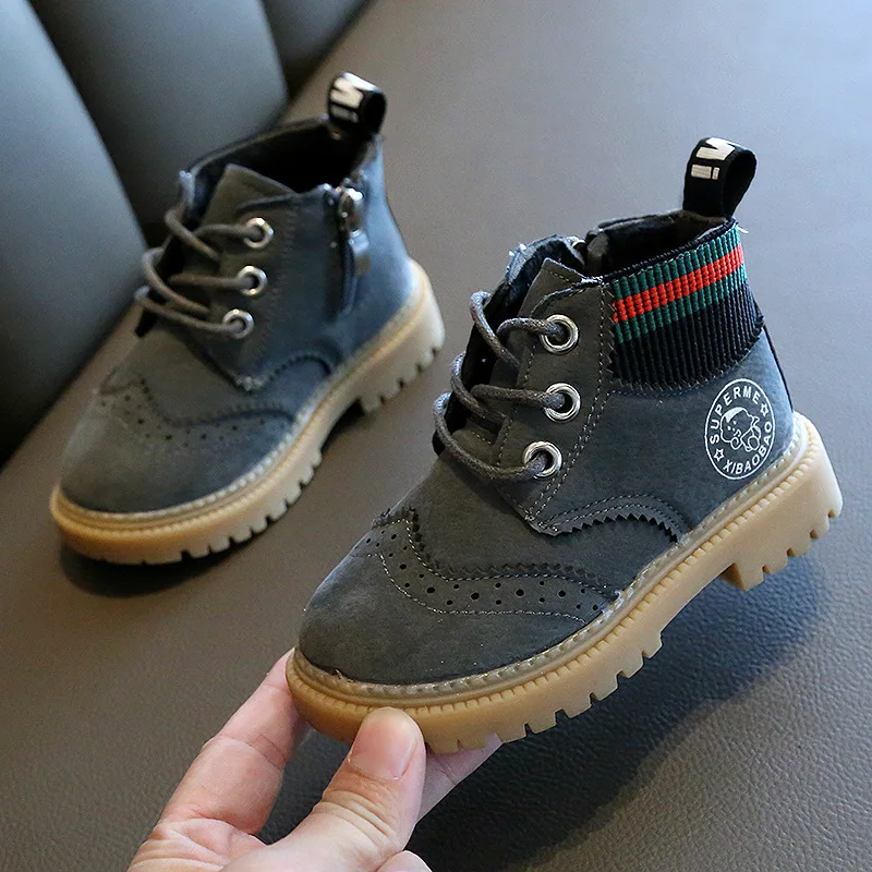 

Boy Martin boots 2020 winter new children plus velvet cotton boots baby soft cowhide sole British style leather short boots