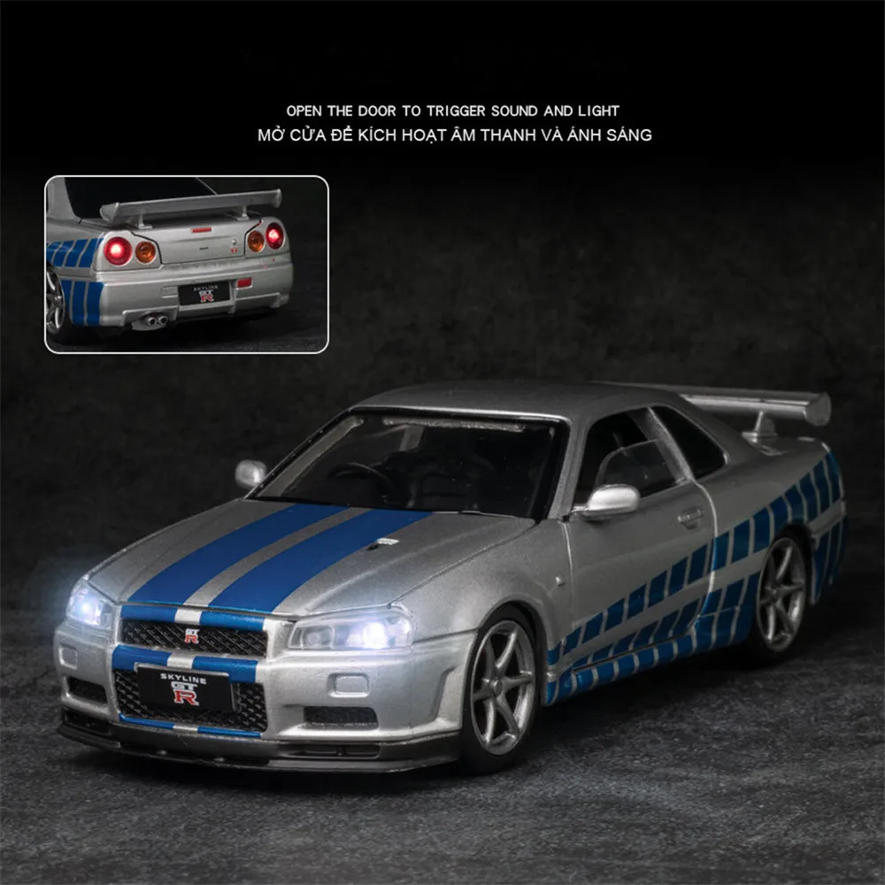 

Car Model 1:32 GTR34 Sound Light Diecasts Alloy Pull Back Collection Simulation Metal Children's Toy Scooter Gift Ornament Cars