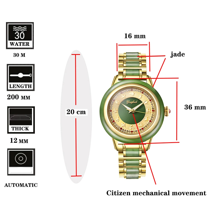 للبيع ساعة يد نسائية من اليشم الطبيعي مقاومة للماء ، ساعة ميكانيكية ، منظور اليشب ، علبة مجوفة ، راحة عالية يدويًا داخل Reloj Mujer