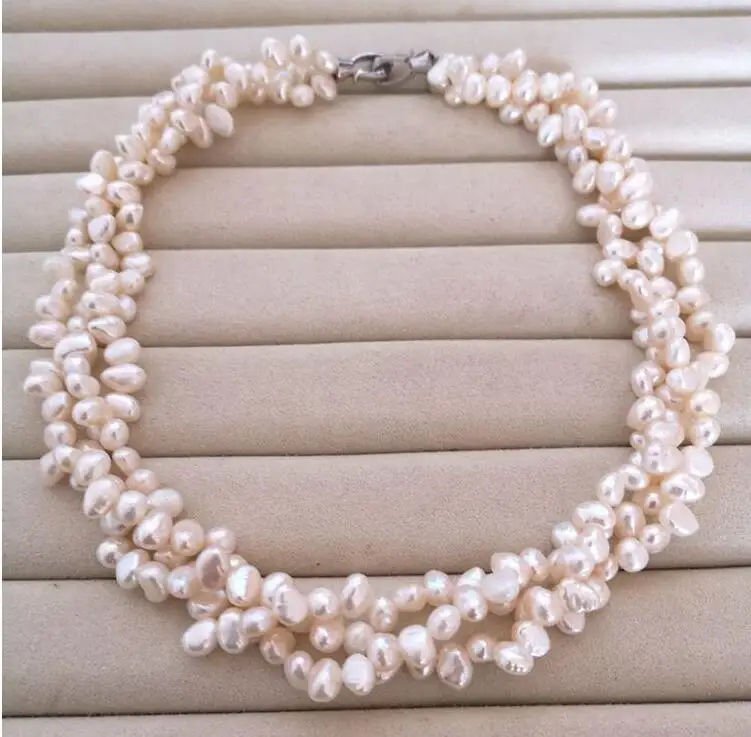 

3 rows 9-10mm white natural pearl choker necklace baroque freshwater pearl Woman Jewelry 43cm 17'' 35cm