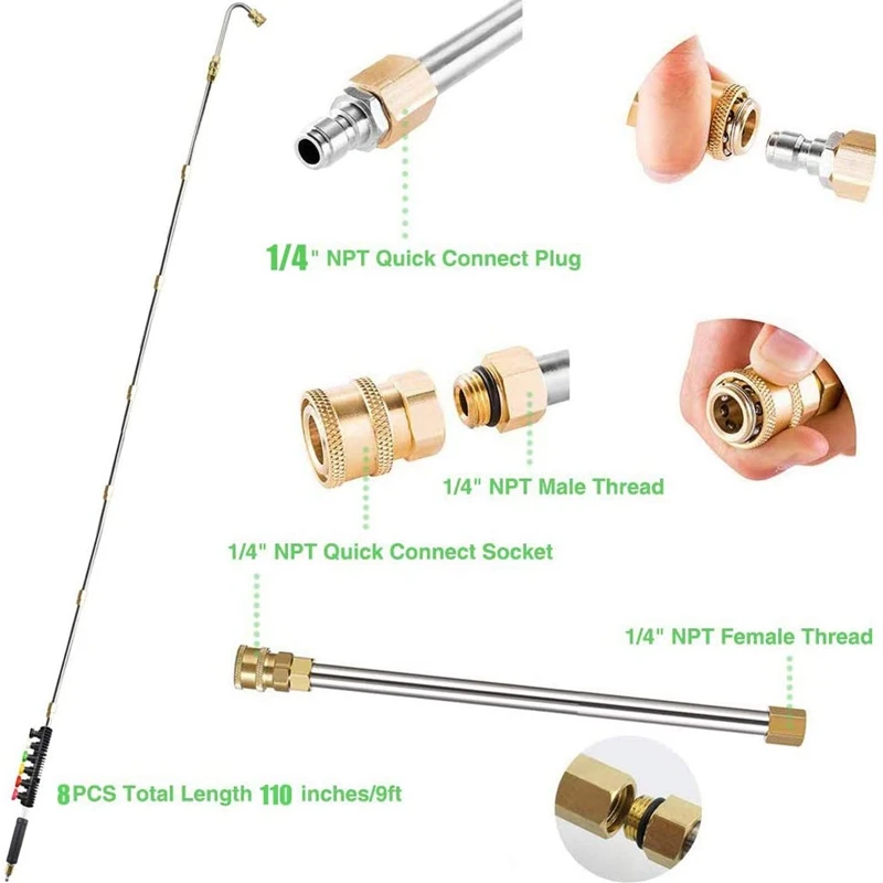 

120" Pressure Washer Wand Extension with Spray Nozzle Tips,30,90Curved Rod and 1/4 Inch Quick Connect, 4000 PSI