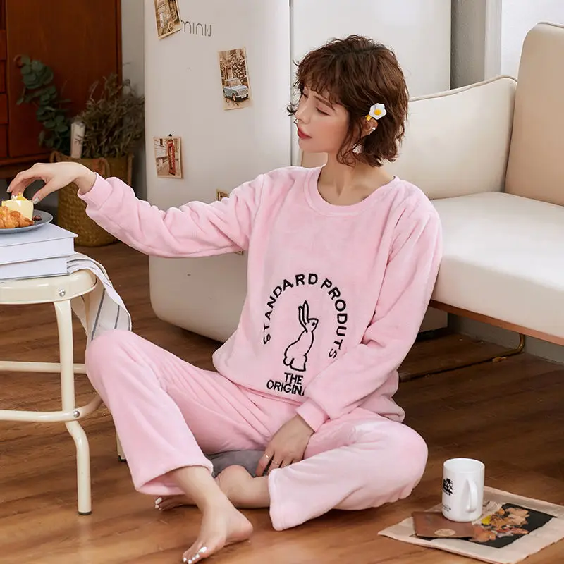 rabbit sleepwear Пижамы женские большие размеры пижамы из плотной ткани женские теплые длинные осенние пижамы зимний домашний костюм женская пижама домашний L-XXL - Color: rabbit sleepwear