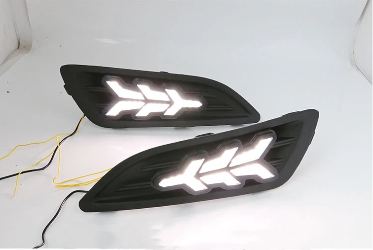 EOsuns led drl дневные ходовые огни для Ford Fiesta 2013- с динамическим движущимся желтым поворотным сигналом и синим ночным светом