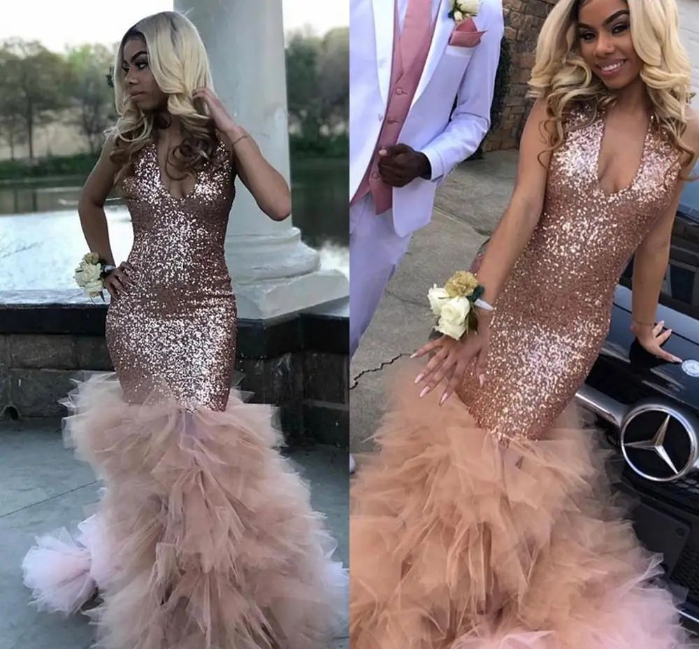

vestido de gala Sexy Black Girls V-neck Mermaid Champagne Gold Prom Wear Sequined African Long Formal Evening Party Gowns
