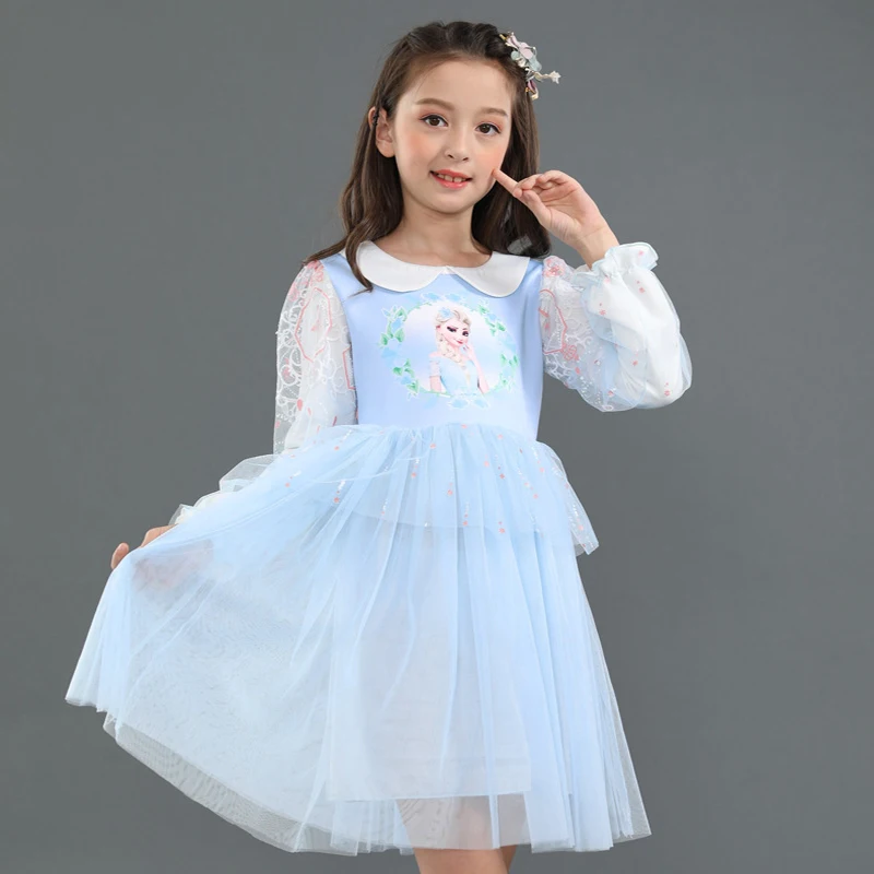Blue Full Sleeve Платье Эльзы для девочек; утепленные детские платья принцессы для девочек; vestidos; вечерние платья с кружевом; Рождественская зимняя одежда; Infantil Menina; маскарадный костюм; 6-8 - Цвет: Blue Full Sleeve