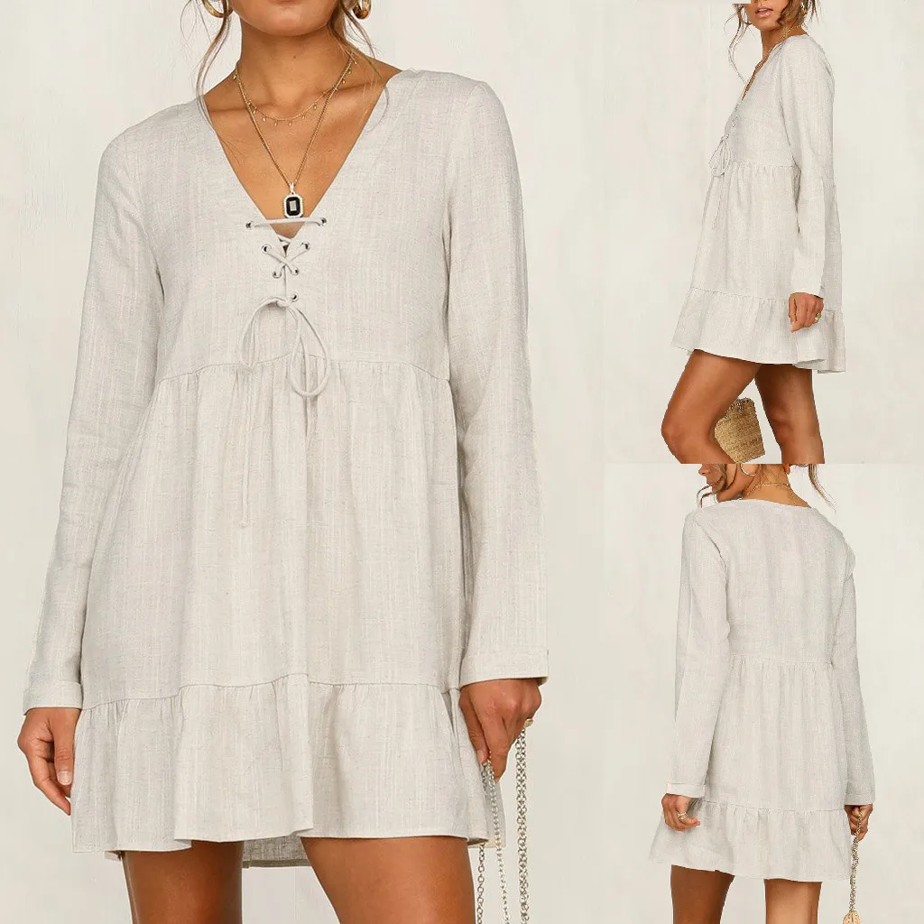 

Vogue Women's V-neck long-sleeved Lace Mini Dress Casual Korean Autumn And Winter Solid Color Loose High Waist Khaki