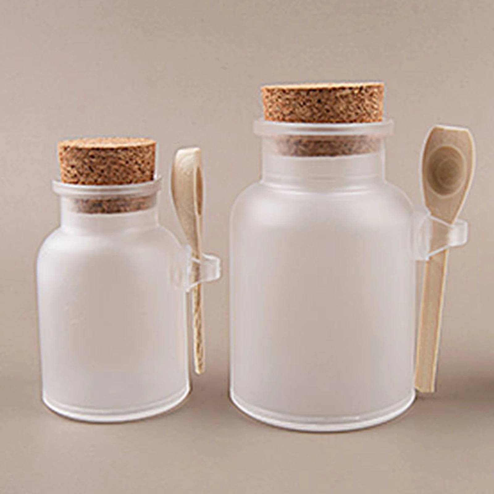 

1 Pcs 100/200g Empty Bath Salt Bottle Plastic Matte Cork Jar Women Bottles Container Refillable Bottle With Wood Spoon