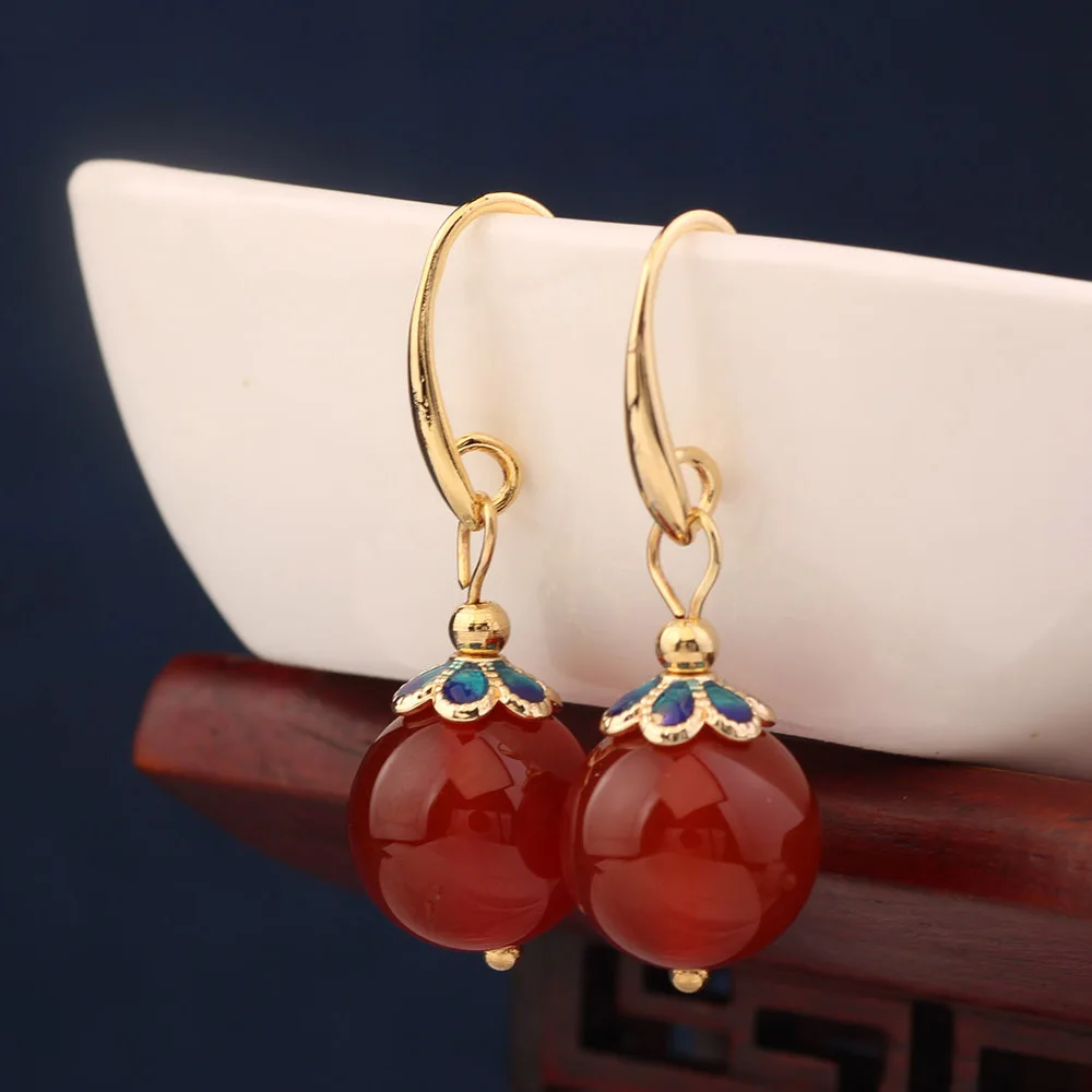 Серьги из натурального камня женские винтажные круглые серьги подвески красного