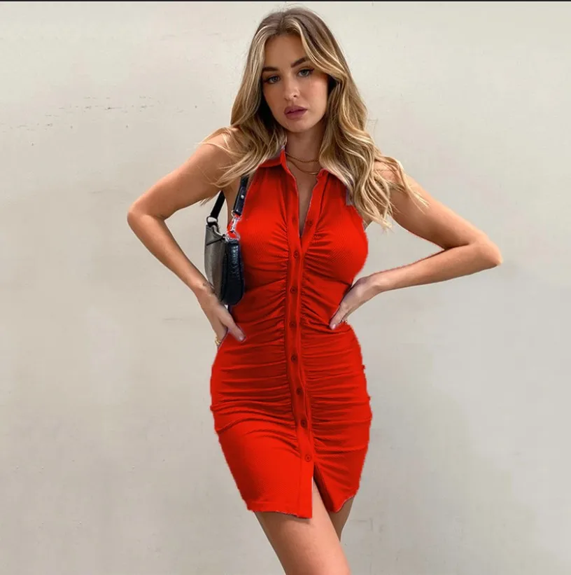 

Summer Women Black Backless Halter Ruched Mini Dress Elegant Sexy Sleeveless Sheath Skinny Spring Single Breasted Dress 2021