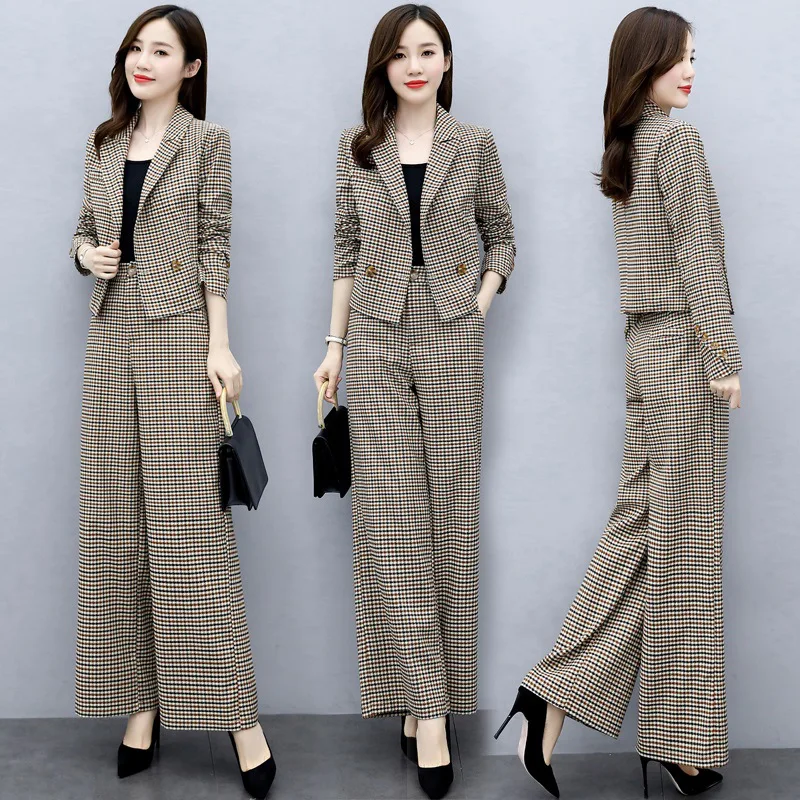 

Women Casual Spring Autumn Plaid Suit Set Work Office Business Uniform Outwear Top Wide Leg Pants