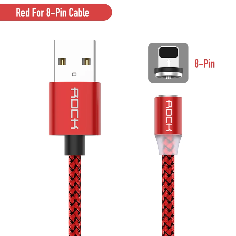 Магнитный кабель ROCK для быстрой зарядки с разъемом type-C Micro Usb для быстрой зарядки Usb C светодиодный светильник для iPhone Xiaomi huawei Phone 1 м магнитное зарядное устройство - Цвет: Red For iPhone