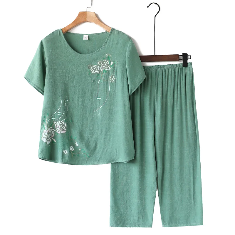 Summer Women Pijama Adulto Feminino XL-4XL Large Size Linen Cotton Print Pyjama Set Women Homewear 2PCS Loose Nightwear
