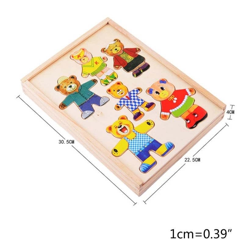 

Little Bear Changing Cloth Puzzle Set Baby Cartoon Puzzles Toys Wooden Box