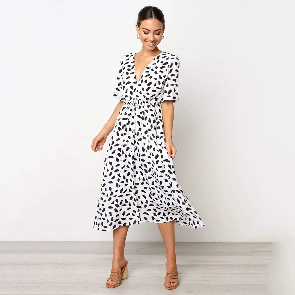 

2021 Summer Women Short Sleeve Dress Sexy V-neck Fashion Print High Waist Lace Up Dresses For Woman Office Ladies Midi Dress