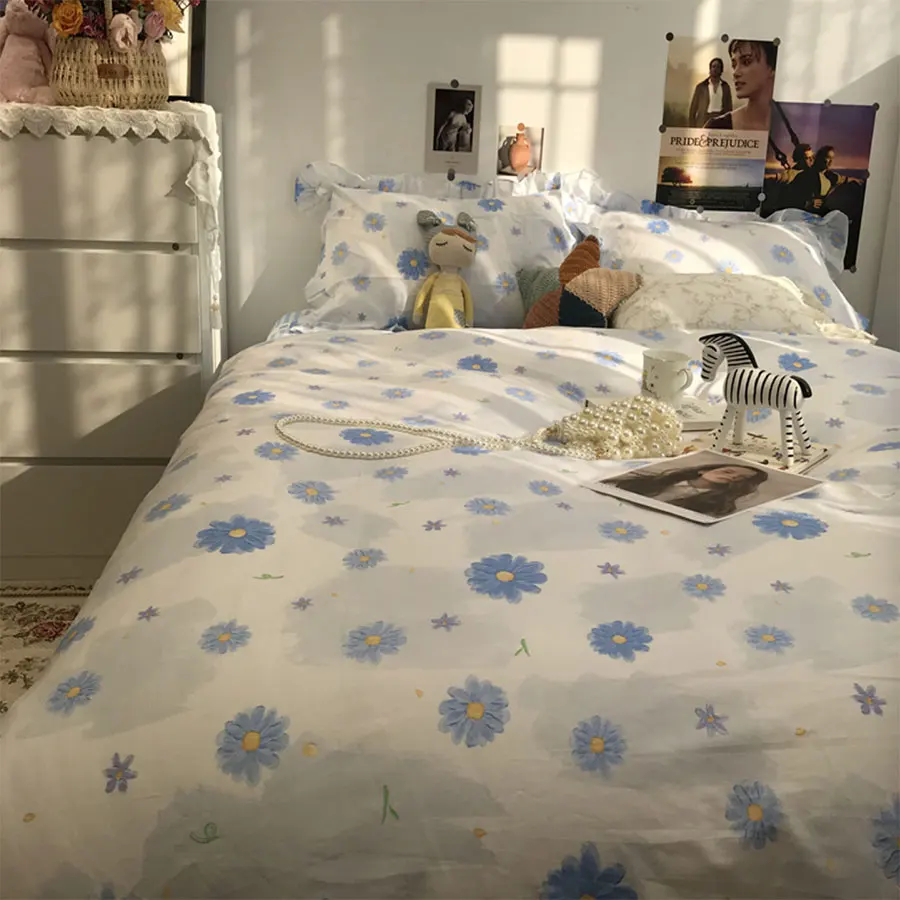 

Classic pastoral blue flower plaid bedding set adult girl,cotton twin full queen home textile bed sheet pillow case quilt cover