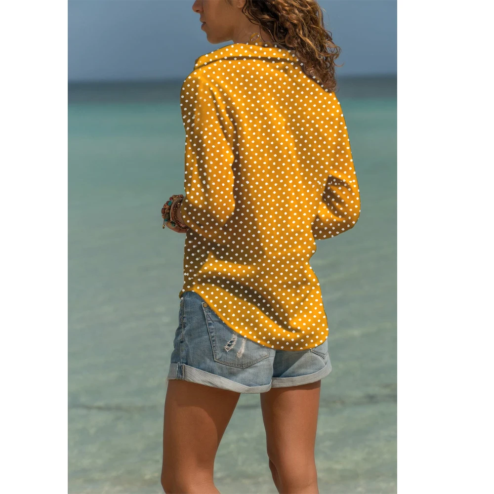 

Spring Autumn Women Fashion Casual Long Sleeve Elegant Shirts Wave Dot Lapel Loose Blouse Office Lady Daily Wear