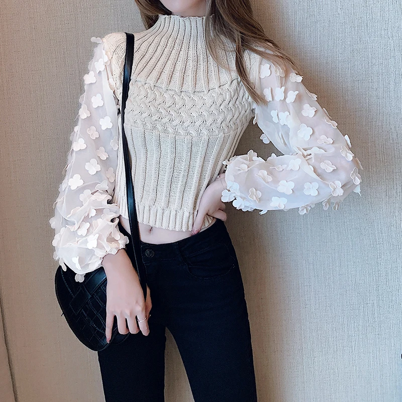 

Heliar 2021 Spring Women Appliques Lantern Sleeve Blouses Sexy Solid Elegant Knitted Cropped Blouse For Women Clothing