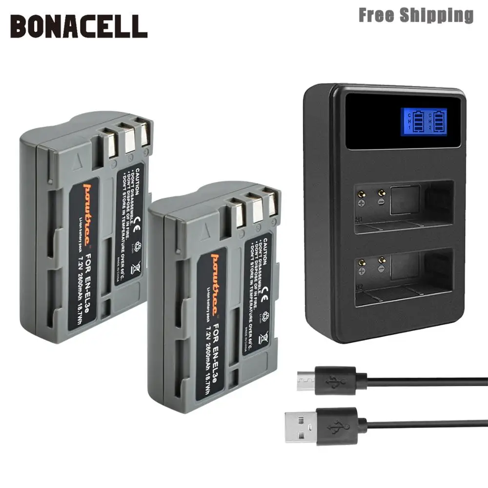 Bonacell 2600 мА/ч, EN-EL3e RU EL3e EL3a ENEL3e Батарея+ Батарея ЖК-дисплей двойной Зарядное устройство для Nikon D300S D300 D100 D200 D700 D70S D80 L50 - Цвет: 2XBatteryLCDCharger