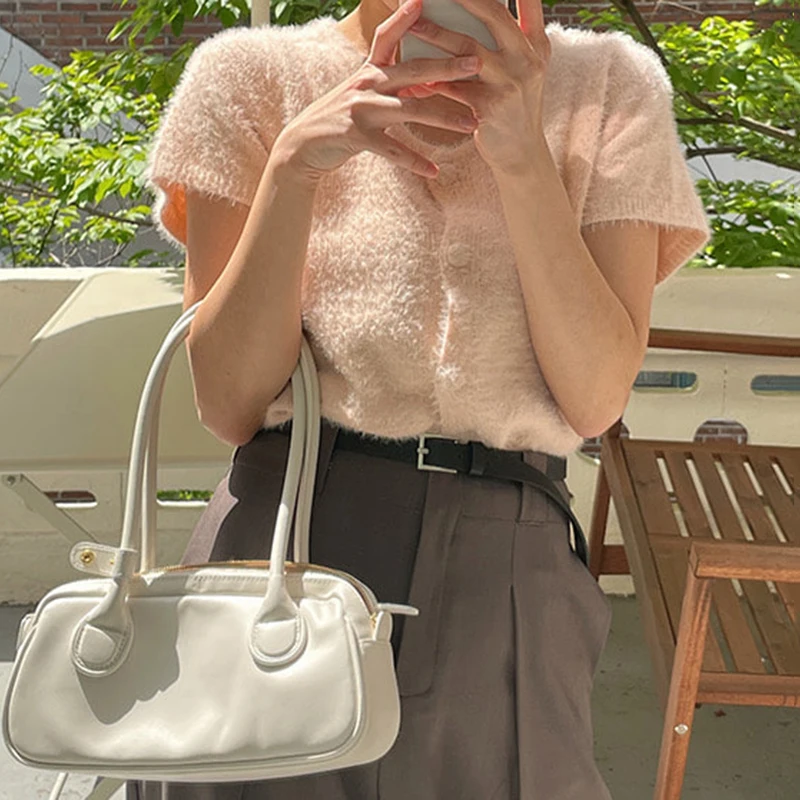 

Korejpaa Women T-Shirt 2021 Summer Temperament Gentle Round Neck Single-Breasted Plush Thin Loose Short-Sleeved Knitted Cardigan