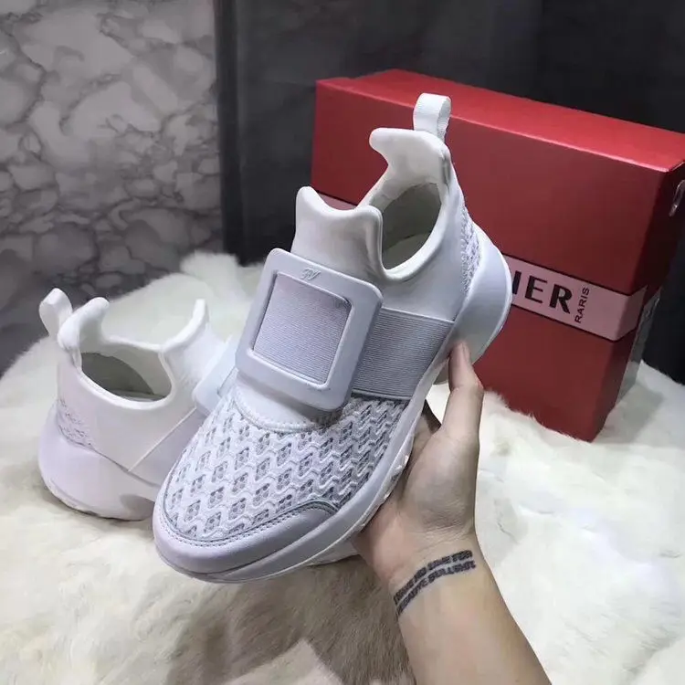 

RV Square Buckle Casual Sneakers Leather Mesh Breathable Ladies Four Seasons Thick Sole Increase