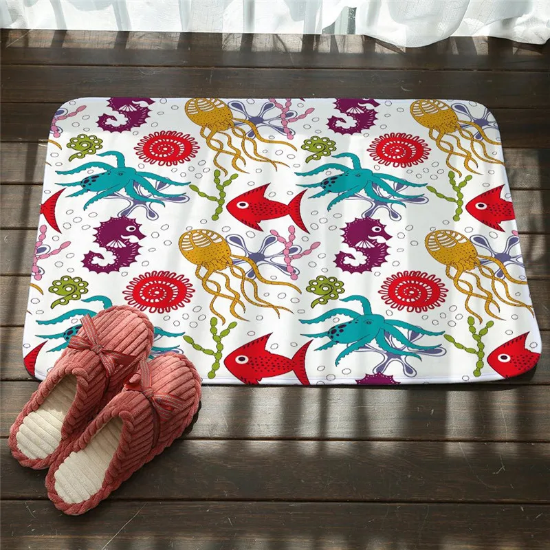 Коврик придверный из фланелевой ткани с принтом морских звезд акул нескользящий