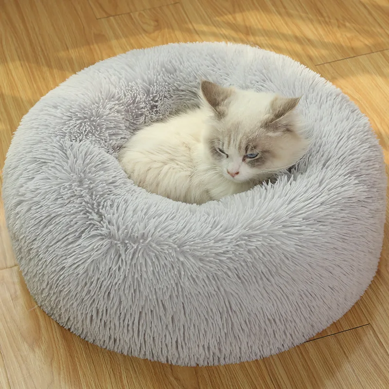 

Long Plush Calming Pet Bed for Cat or Dog Round Plush Dog Mat Cats House Nest Soft Dog Basket Pet Cushion Portable Pets Supplies