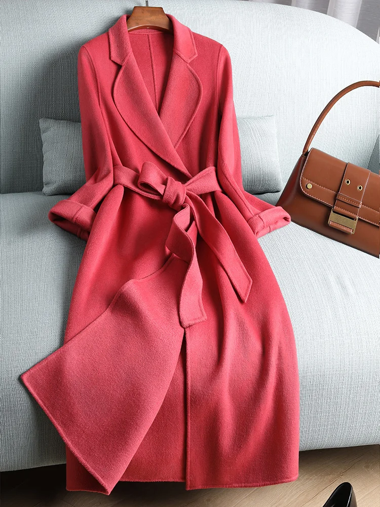 

Cedar pink double-sided cashmere coat women's long knee strap age reducing slim temperament autumn and winter wool coat