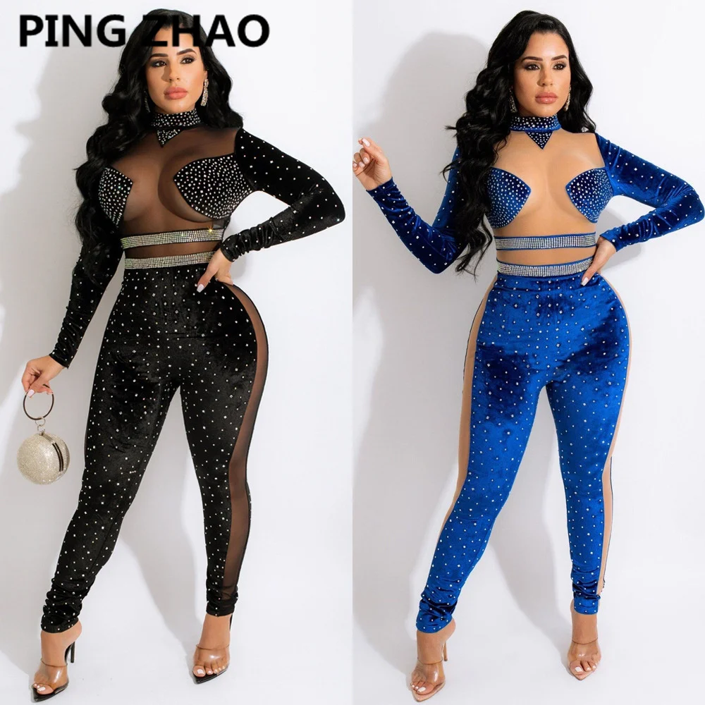 

PING ZHAO Diamonds Sheer Mesh Patchwork Velvet Jumpsuit Fall Winter Women Sexy Turtleneck Long Sleeve Skinny Club Rompers