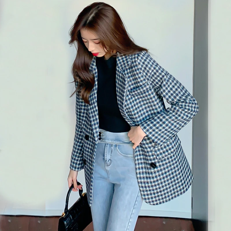 

Zoki Plaid woolen suit jacket autumn and winter women's fashion Korean thick double-breasted mid-length coat