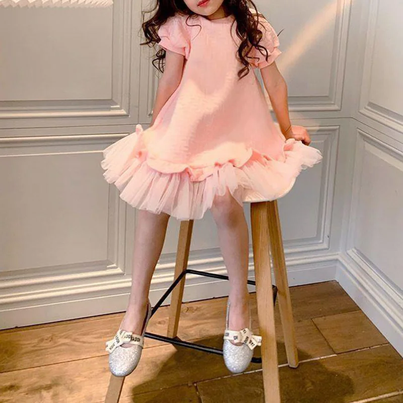 

Girls Princess Pink Dress Kids Spring And Autumn Sweet Short Sleeve Elegant Birthday Party Ball Gown Children's Sundress Clothes
